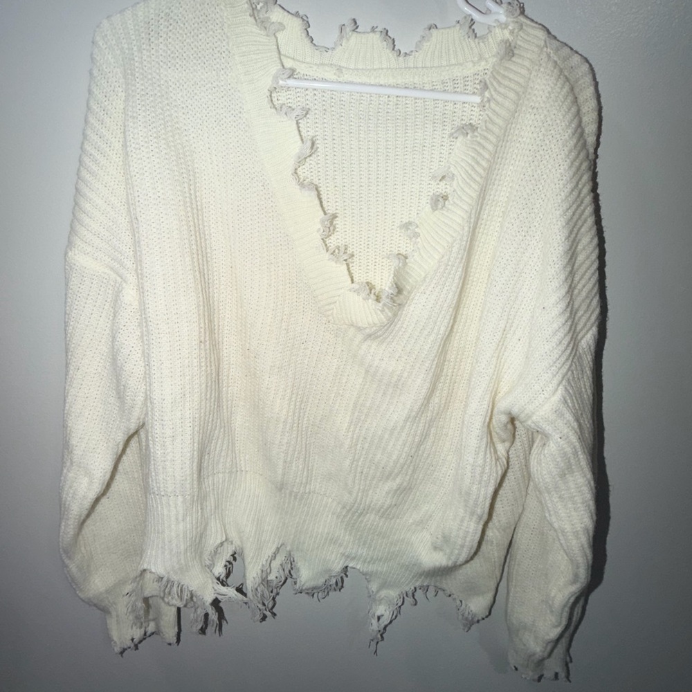 SHEIN White Distressed V-Neck Sweater